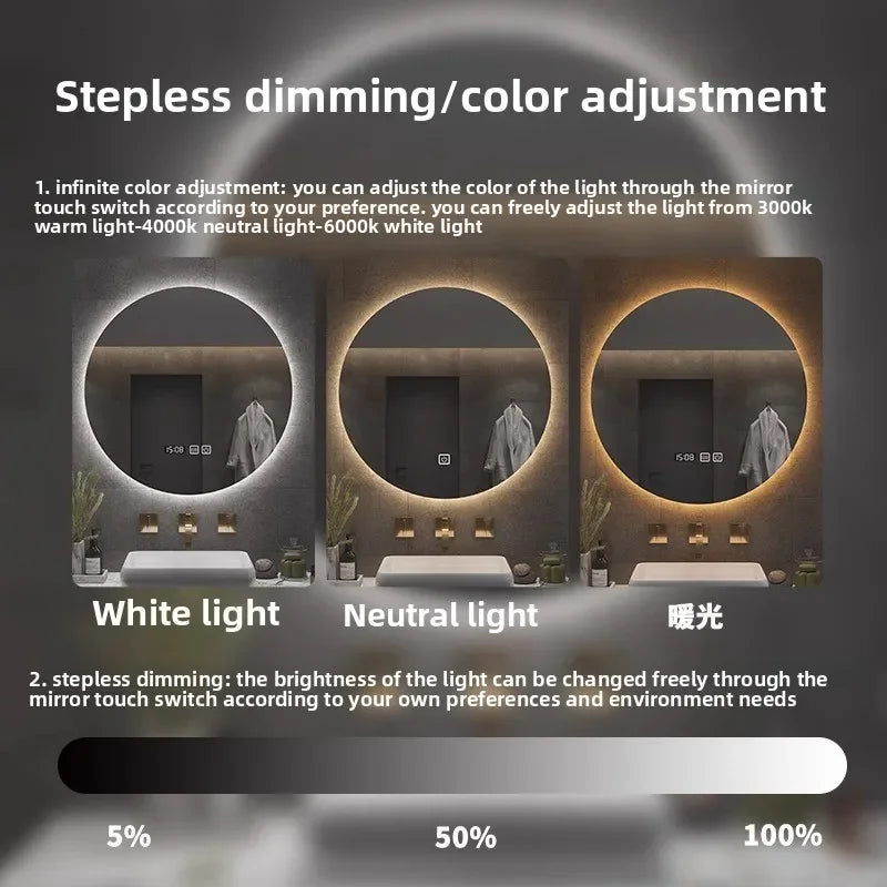 "LED Round Smart Mirror – Touch Screen, Anti-Fog, Wall-Mounted"