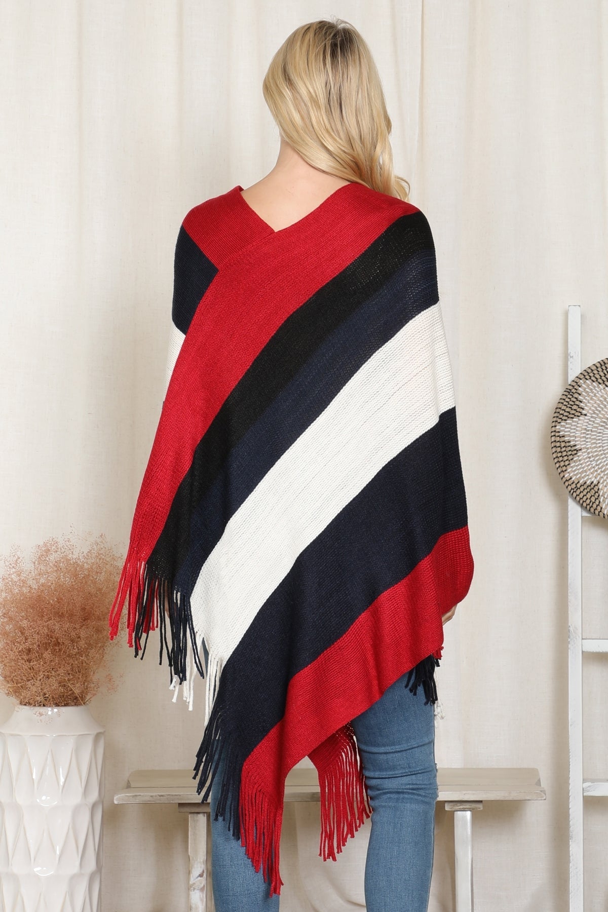 Hdf2099 - Color Block Fringe Poncho - Collumn