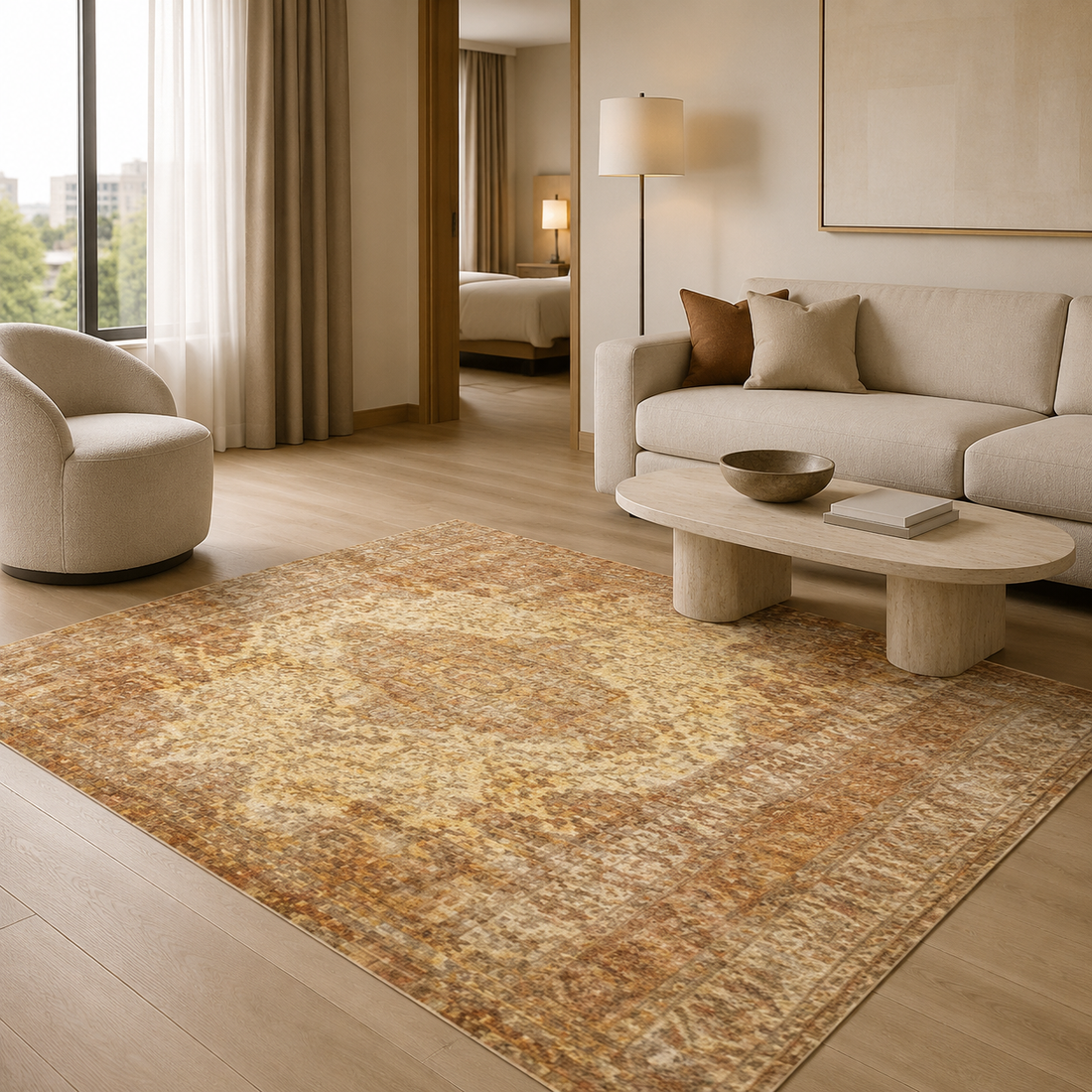 Wholesale classic rug in a contemporary UK hotel suite living area