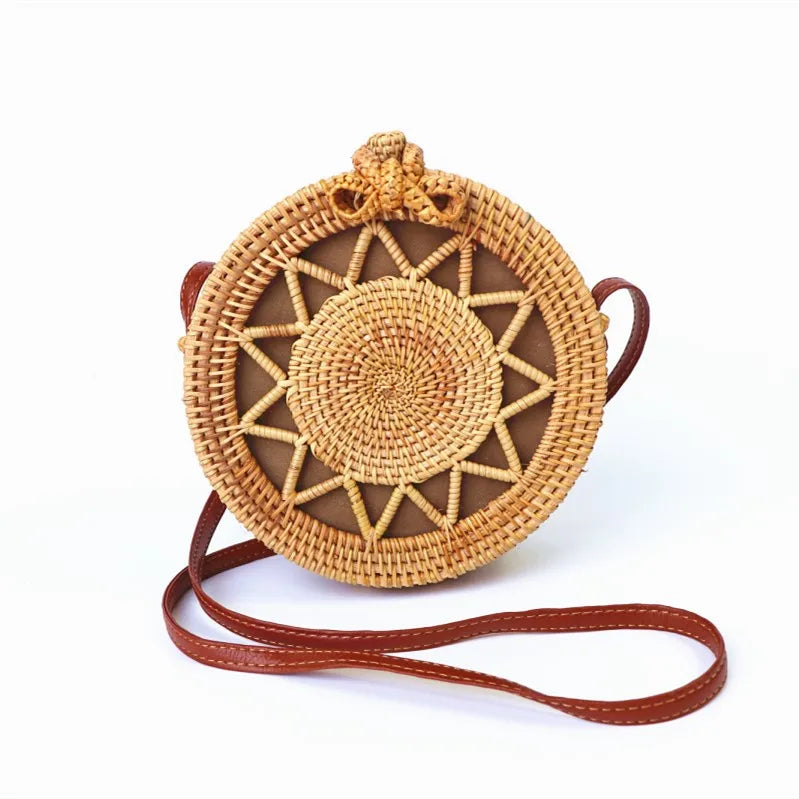 Rattan Crossbody Bag with woven texture and adjustable shoulder strap