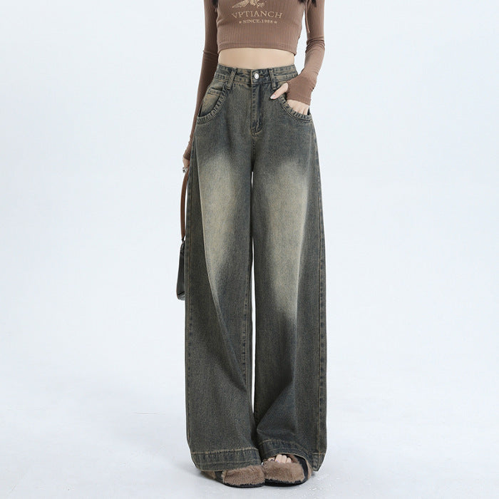 Trendy American retro wide leg jeans for winter