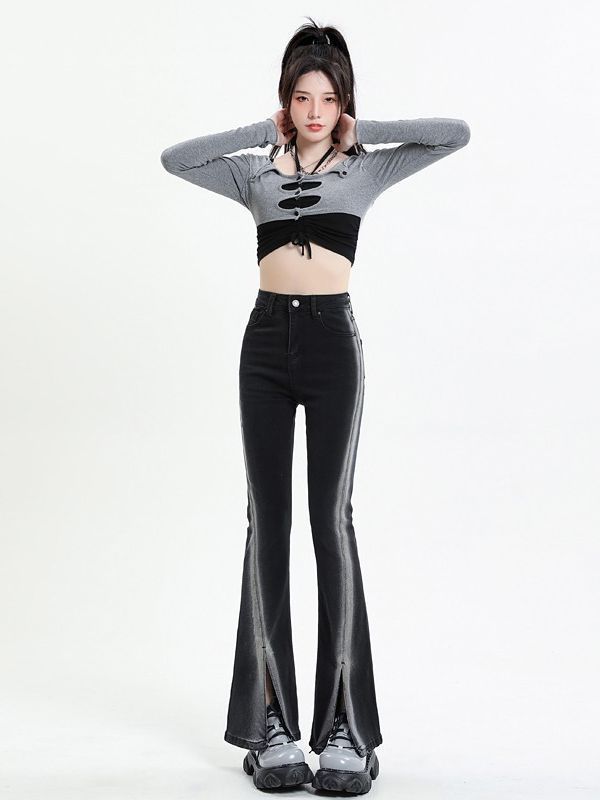 Trendy new black split skinny jeans