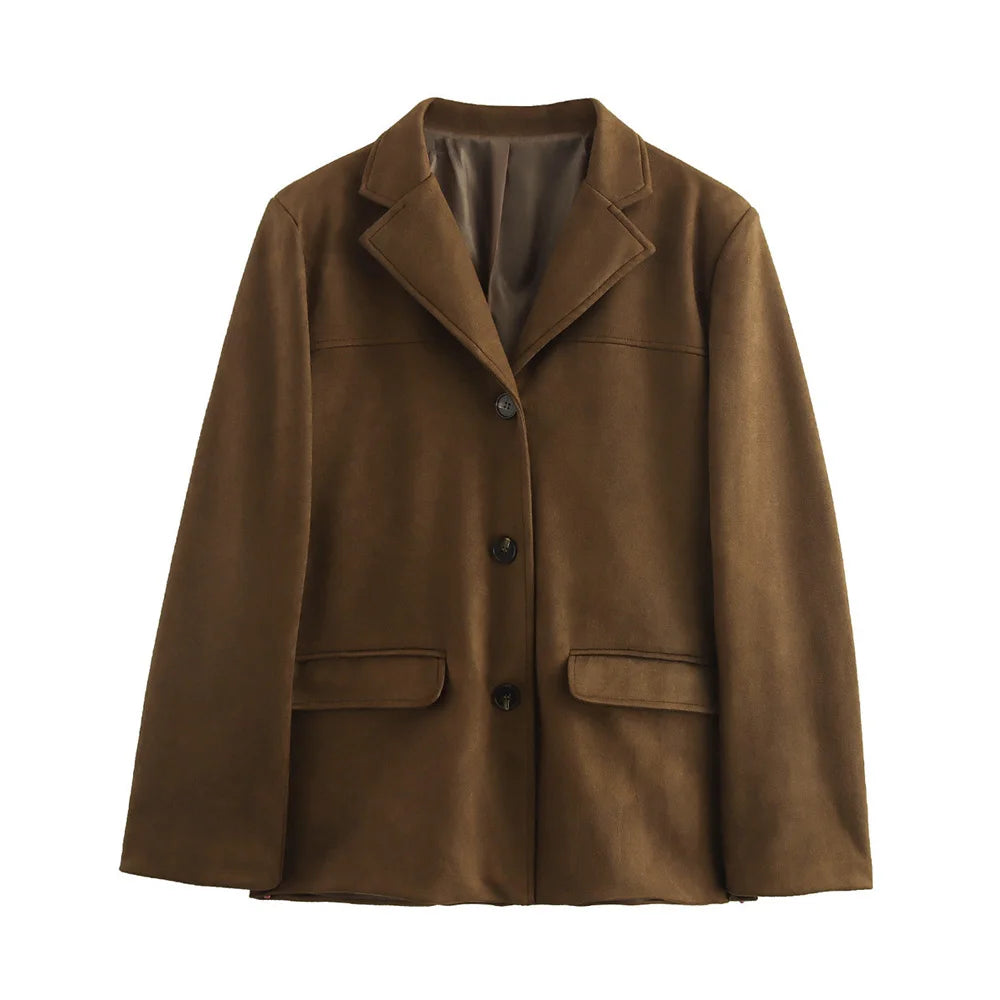 Vintage Old Money Brown Suede Leather Jacket for Women – Autumn Winter Demi-Season Elegant Outerwear Coat
