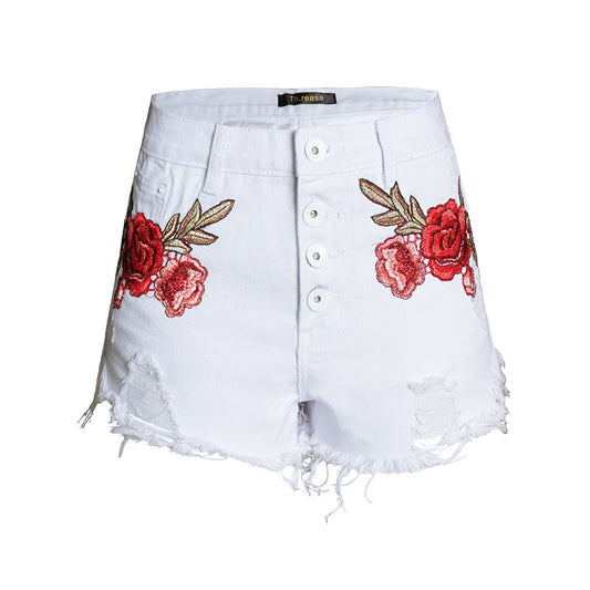 Fashionable embroidered loose beard denim shorts for women