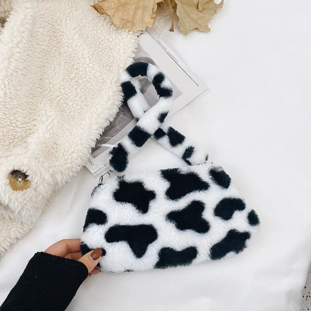 Fashion Women Cow Print Mini Shoulder Bags Female Winter Plush Underarm Bags Leopard Zebra Pattern Fluffy Tote Bags Small Purses