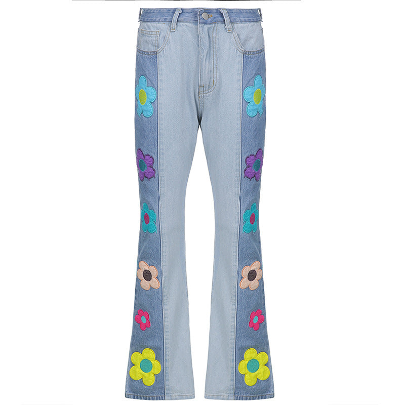 Patterned colorblock bootcut jeans for women