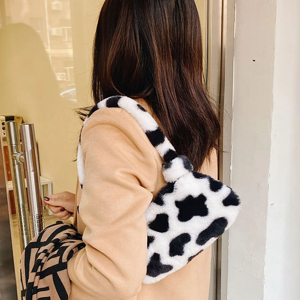 Fashion Women Cow Print Mini Shoulder Bags Female Winter Plush Underarm Bags Leopard Zebra Pattern Fluffy Tote Bags Small Purses