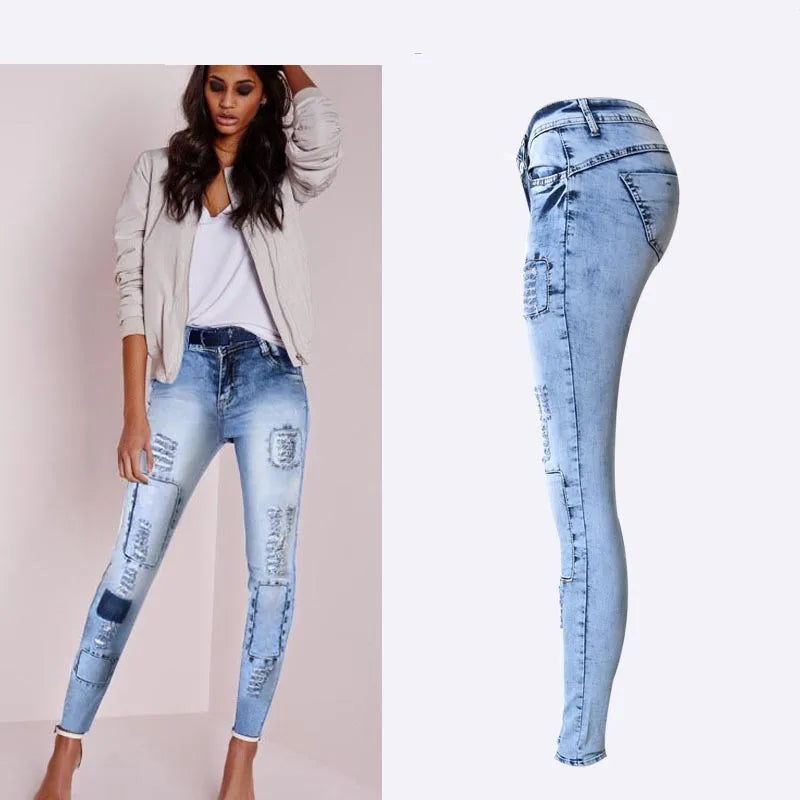 Summer Style Low Waist Sky Blue Patchwork Skinny Jeans for Women – High Stretch Push-Up Denim Pencil Tights – Sexy Slim Fit Fashion Jeans