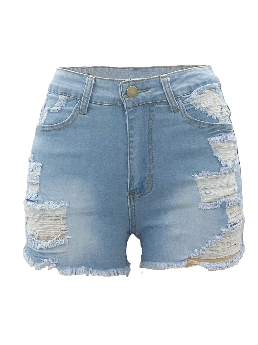 Trendy high elastic ripped jeans shorts for women