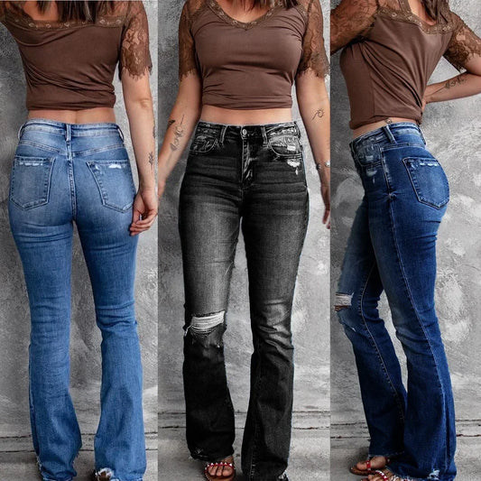 Women’s High-Waist Bootcut Jeans – Slim Flare Denim with Pockets, Zipper Fly & Distressed Details