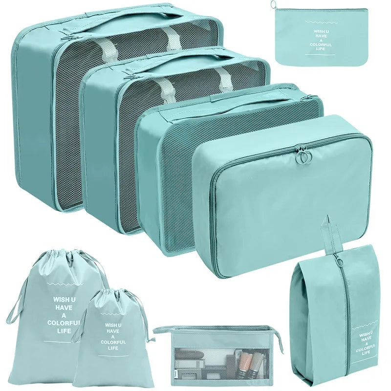 travel packing cubes set displayed as 7 8 9 and 10 piece options