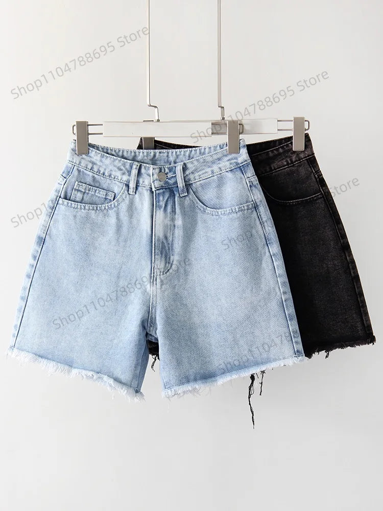  2025 Women’s High Waist Denim Shorts – Summer Loose Fit Casual Blue Jean Shorts – Fashionable Shorts Femme