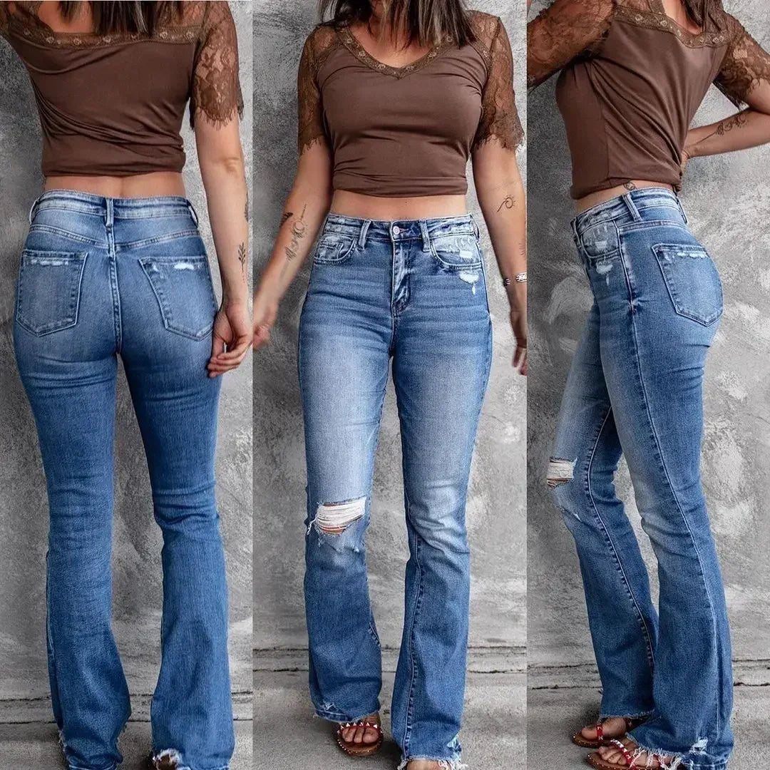 Women’s High-Waist Bootcut Jeans – Slim Flare Denim with Pockets, Zipper Fly & Distressed Details