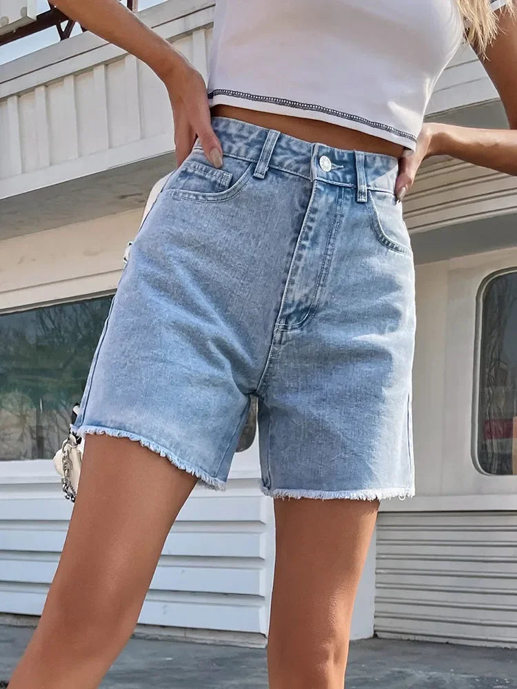  2025 Women’s High Waist Denim Shorts – Summer Loose Fit Casual Blue Jean Shorts – Fashionable Shorts Femme