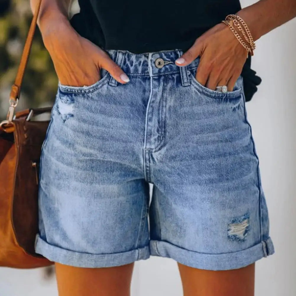 Sexy Women’s Denim Shorts – Mid Waist Split Hem, Perforated Slim Fit Jean Shorts with Curled Cuff – Summer Casual Fashion