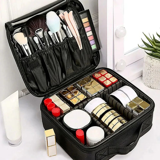travel makeup bag displayed open with cosmetics and brushes