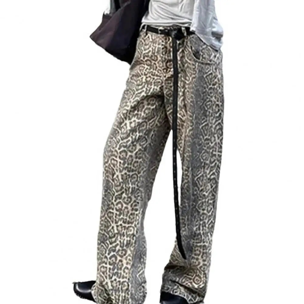 Leopard Print Jeans for Women and Men – Oversize Wide Leg Denim Pants with Pockets – Loose Fit High Street Trousers, Trendy Streetwear Style