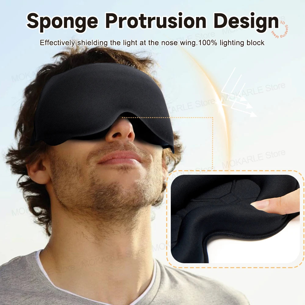 man wearing 3D sleep mask for eyes during travel rest