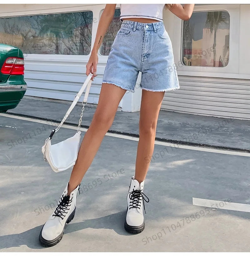  2025 Women’s High Waist Denim Shorts – Summer Loose Fit Casual Blue Jean Shorts – Fashionable Shorts Femme