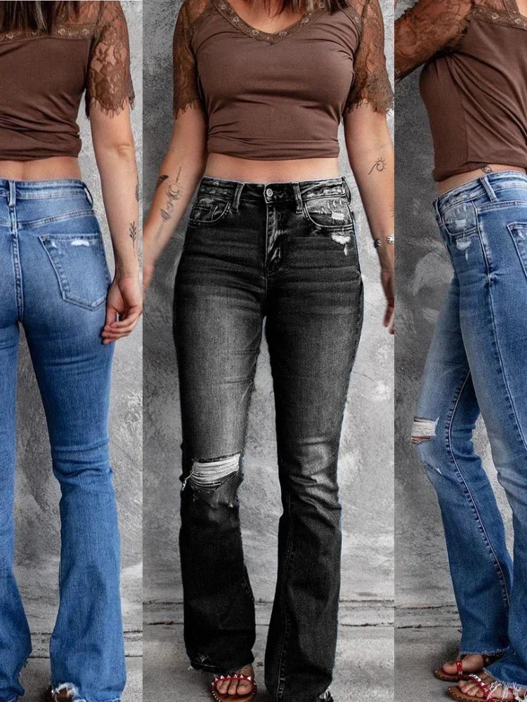 Women’s High-Waist Bootcut Jeans – Slim Flare Denim with Pockets, Zipper Fly & Distressed Details