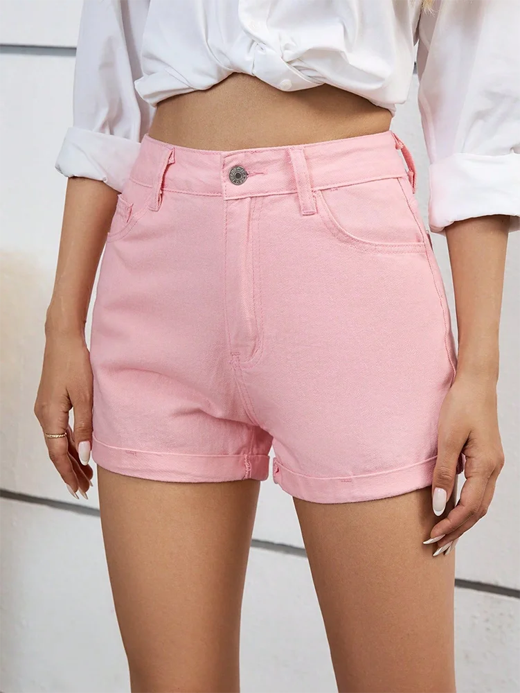 Zipper Fly Denim Shorts Women – High Waist Summer Jean Shorts with Pockets – Roll Up Hem Straight Leg Style