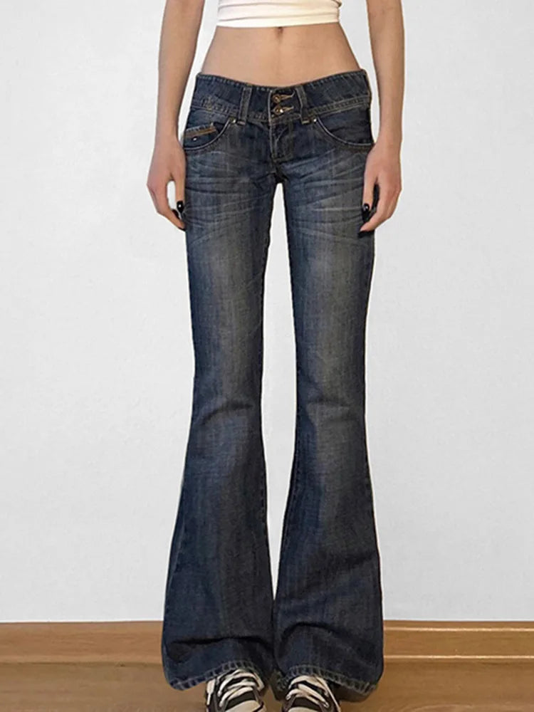 Women's Low-Waist Flared Jeans – Slim-Fit Stretch Denim, Vintage Washed Bootcut Trousers