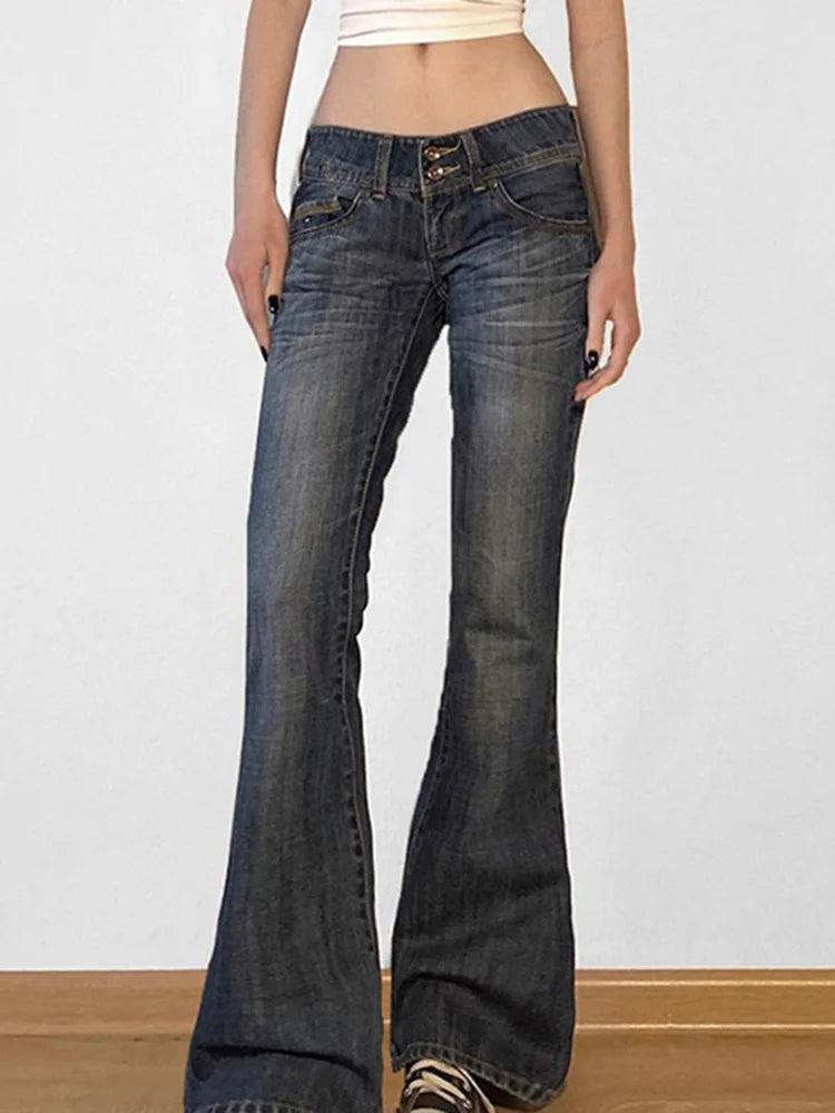 Women's Low-Waist Flared Jeans – Slim-Fit Stretch Denim, Vintage Washed Bootcut Trousers