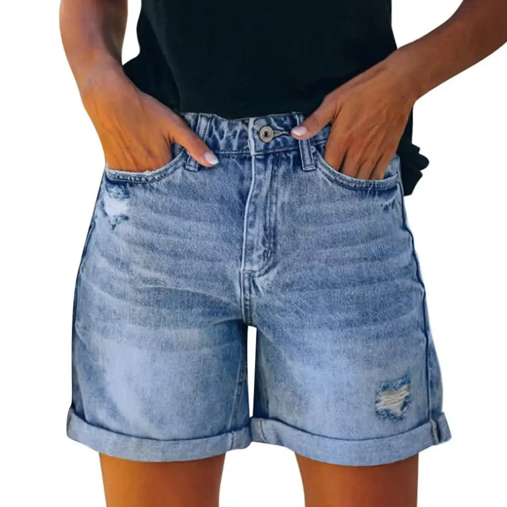 Sexy Women’s Denim Shorts – Mid Waist Split Hem, Perforated Slim Fit Jean Shorts with Curled Cuff – Summer Casual Fashion