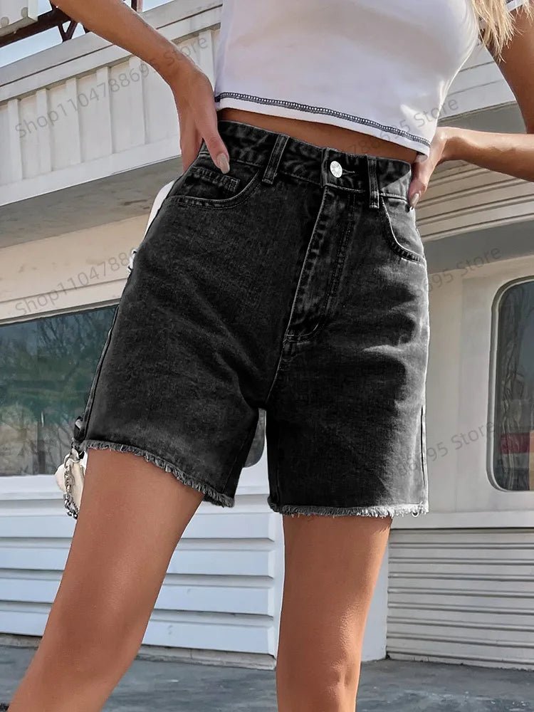  2025 Women’s High Waist Denim Shorts – Summer Loose Fit Casual Blue Jean Shorts – Fashionable Shorts Femme