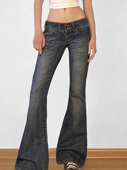 Women's Low-Waist Flared Jeans – Slim-Fit Stretch Denim, Vintage Washed Bootcut Trousers