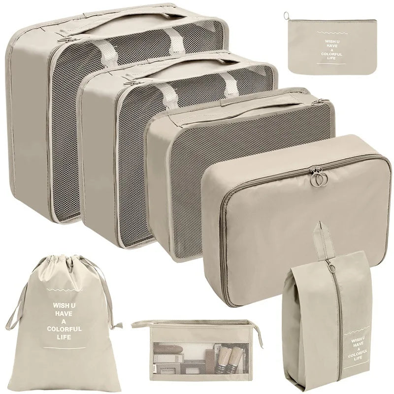 travel packing cubes set with zippered pouches for accessories and shoes