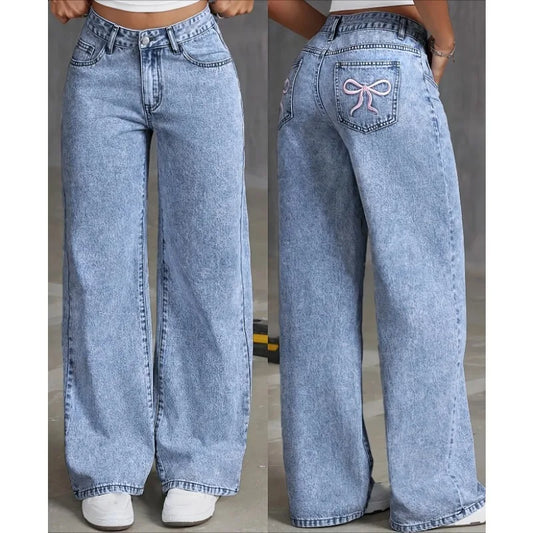 Denim Wide Leg Jeans Women – High Waisted Casual Pants with Bow Embroidered Pockets – Trendy Fashion Street Style Trousers