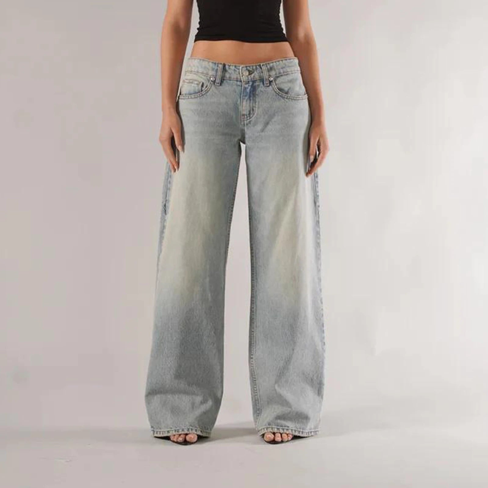 Women’s Y2K Vintage Gradient Jeans – Low Waist, Loose Fit, Wide Leg Denim with Pockets