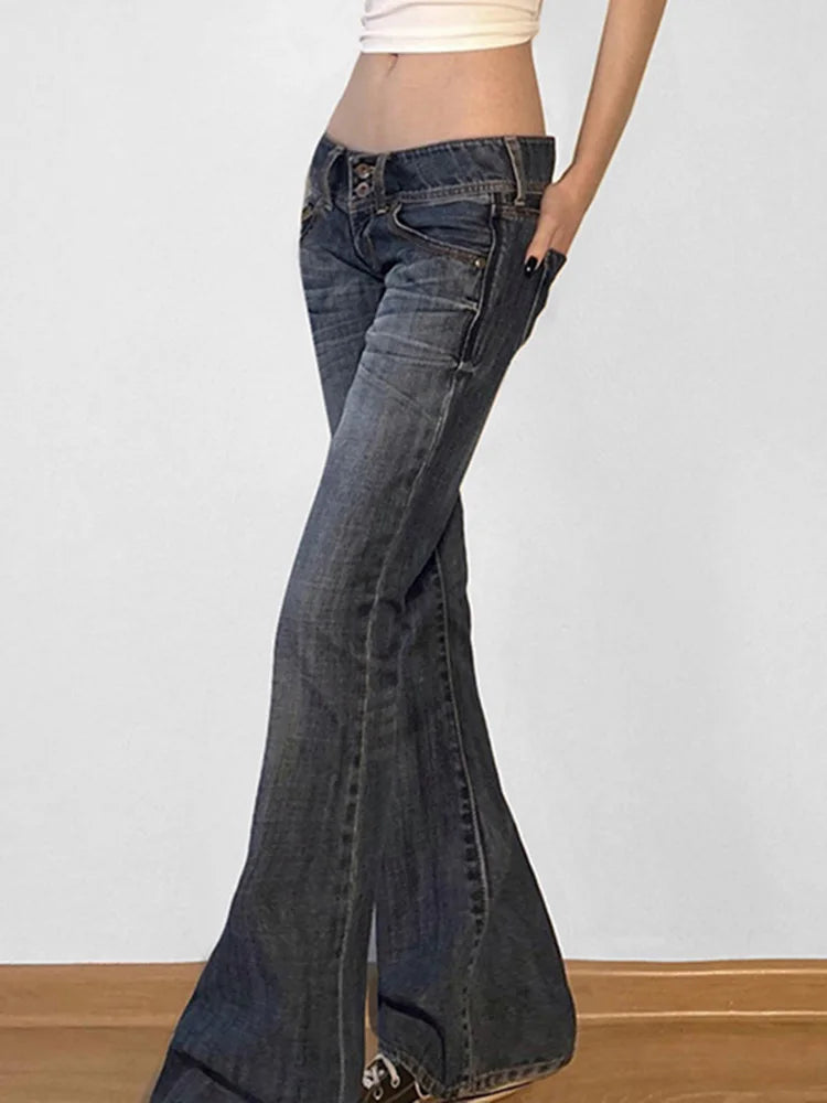 Women's Low-Waist Flared Jeans – Slim-Fit Stretch Denim, Vintage Washed Bootcut Trousers