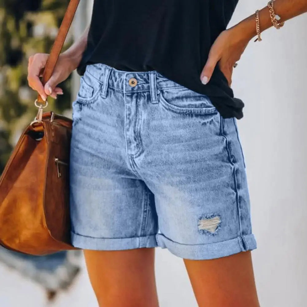 Sexy Women’s Denim Shorts – Mid Waist Split Hem, Perforated Slim Fit Jean Shorts with Curled Cuff – Summer Casual Fashion