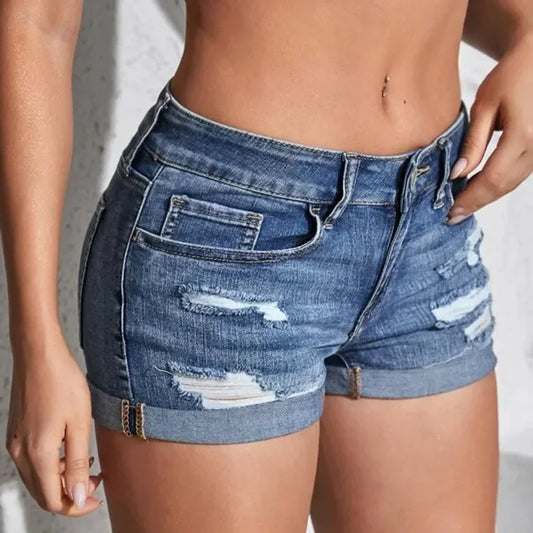 Women’s Split Denim Shorts – Summer Beach Wild Fashion, Sexy Mid Waist, Curled Cuff, Perforated Slim Fit Casual Shorts