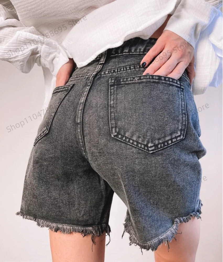  2025 Women’s High Waist Denim Shorts – Summer Loose Fit Casual Blue Jean Shorts – Fashionable Shorts Femme