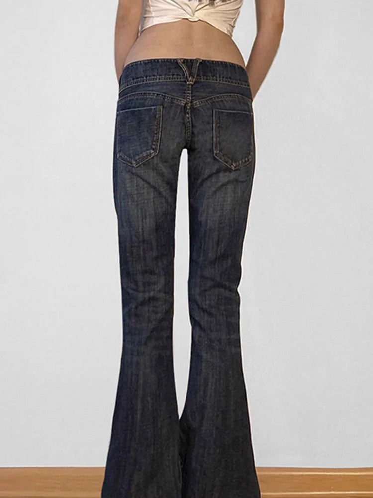 Women's Low-Waist Flared Jeans – Slim-Fit Stretch Denim, Vintage Washed Bootcut Trousers