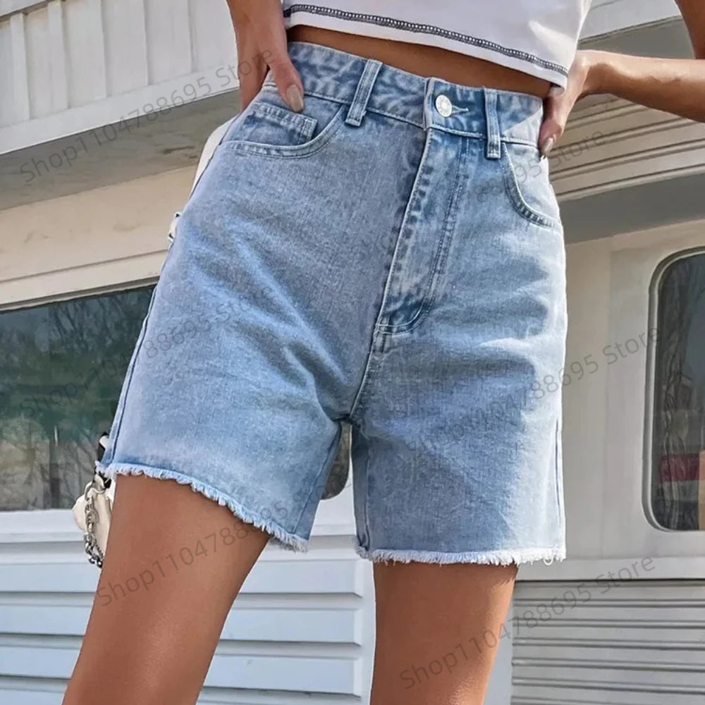  2025 Women’s High Waist Denim Shorts – Summer Loose Fit Casual Blue Jean Shorts – Fashionable Shorts Femme