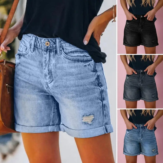 Sexy Women’s Denim Shorts – Mid Waist Split Hem, Perforated Slim Fit Jean Shorts with Curled Cuff – Summer Casual Fashion