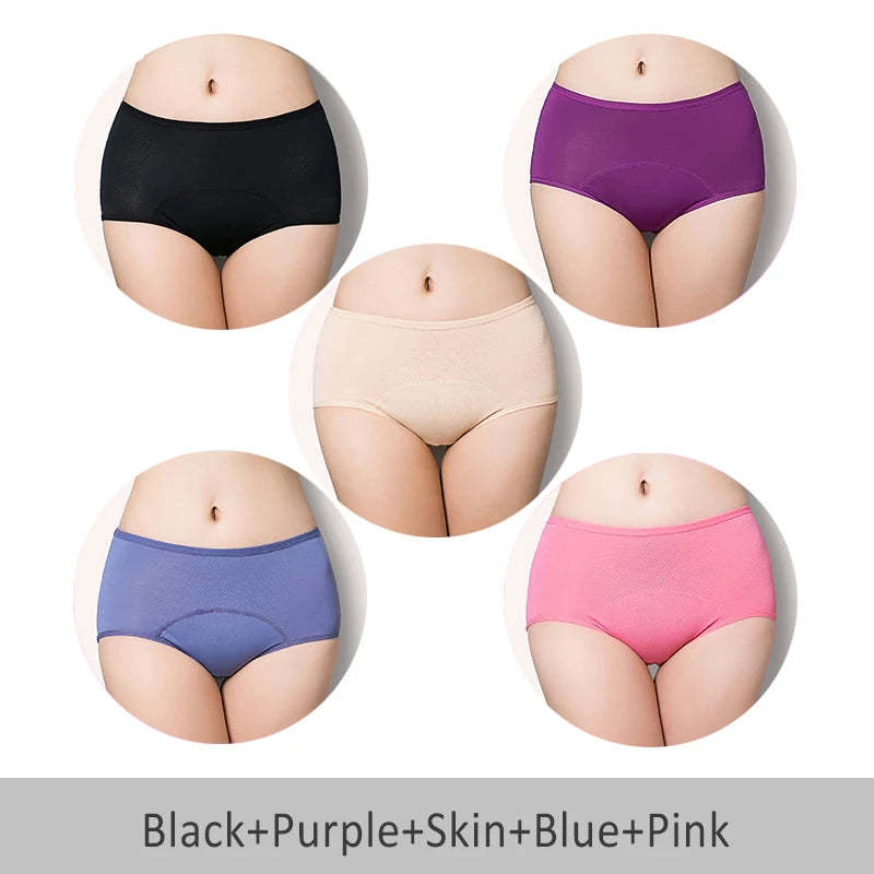 Leak-proof and reusable 5PCS menstrual underwear in black and nude tones.