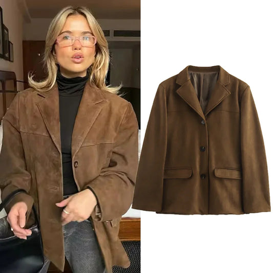 Vintage Old Money Brown Suede Leather Jacket for Women – Autumn Winter Demi-Season Elegant Outerwear Coat