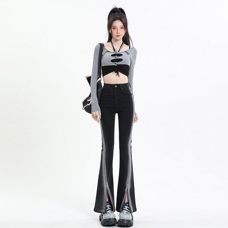 Trendy new black split skinny jeans