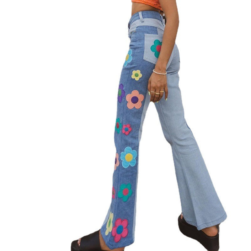 Patterned colorblock bootcut jeans for women